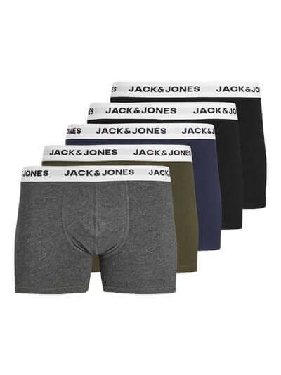 Jack & Jones Jacbasic 5 Pack Cotton Stretch Trunks - Forest Night/Navy Blazer/ Dark Grey Melange/ Black/Black