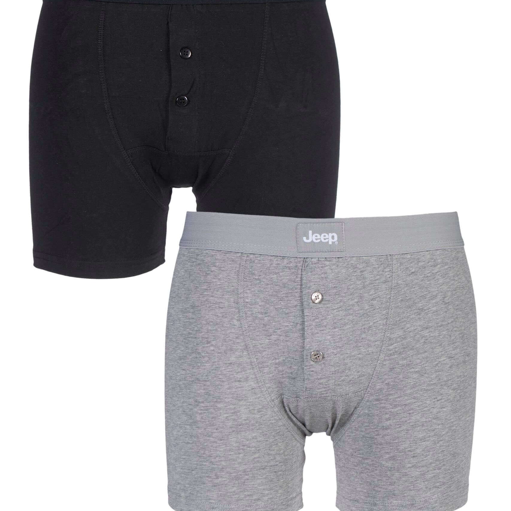 Jeep Men’s 2 Pack Cotton Plain Button Front Trunk Boxer Shorts - Black/Grey
