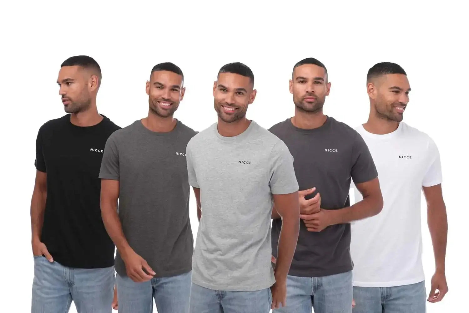 Nicce Men's 5 Pack 100% Cotton T-Shirts - White/Dark Grey/Grey Marl/Black/Charcoal Marl