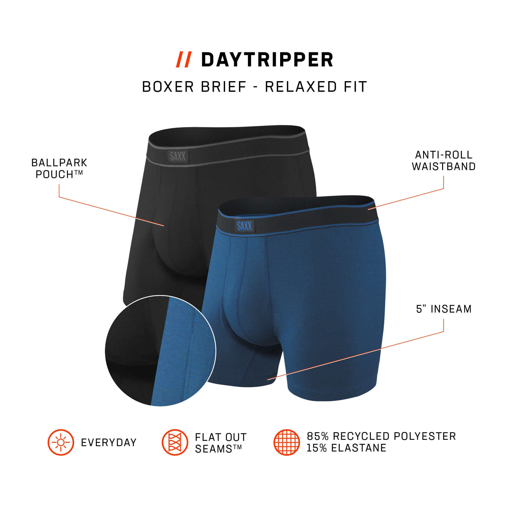 SAXX Daytripper Comfort Stretch Boxer Brief Fly 2-Pack – Black/City Blue