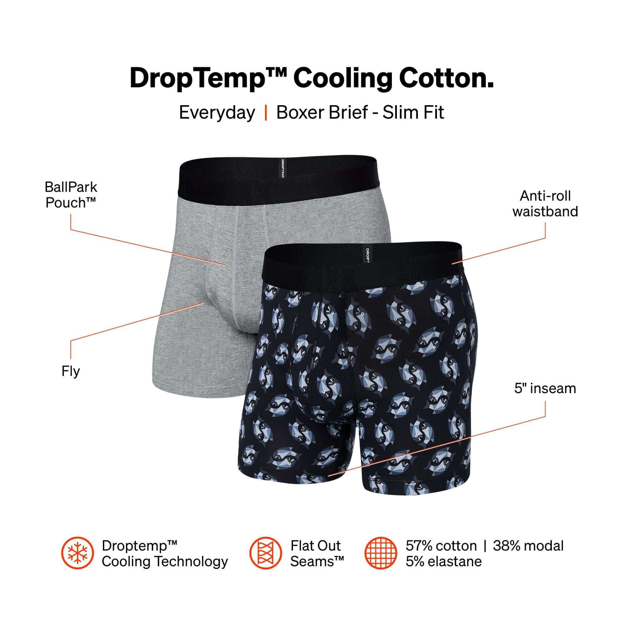 SAXX DROPTEMP Cooling Cotton Boxer Briefs 2 Pack – Angler Wrangler/Grey