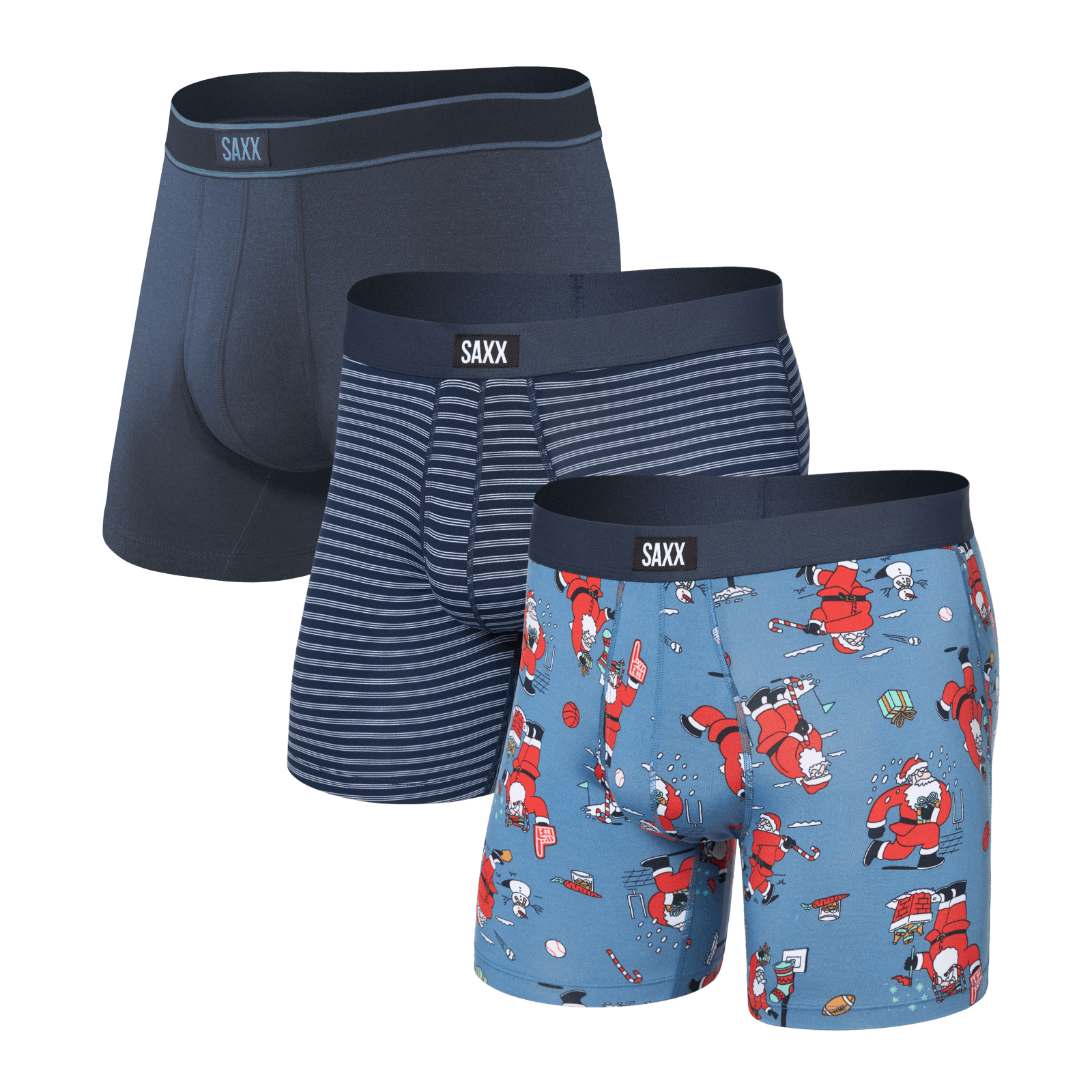 SAXX Daytripper 3 Pack Boxer Briefs – Holiday Edition Santathalon / Stripe / Navy
