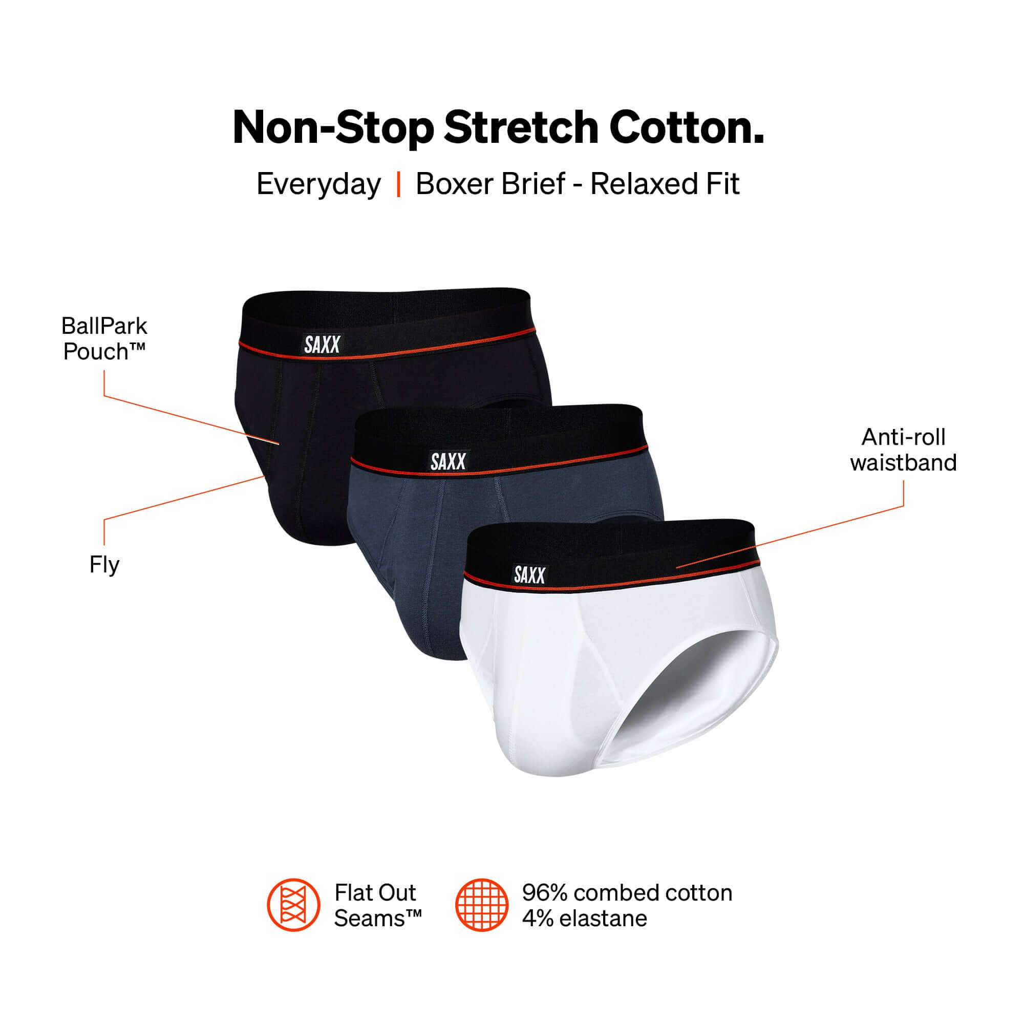 SAXX Non Stop Stretch Cotton Men’s Briefs 3 Pack – Black/Navy/White