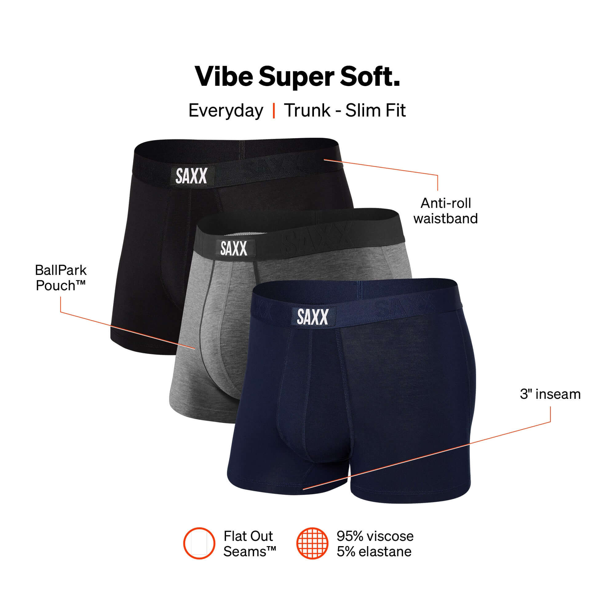 Saxx Vibe Super Soft Comfort Blend Trunk 3-Pack – Black / Grey / Navy