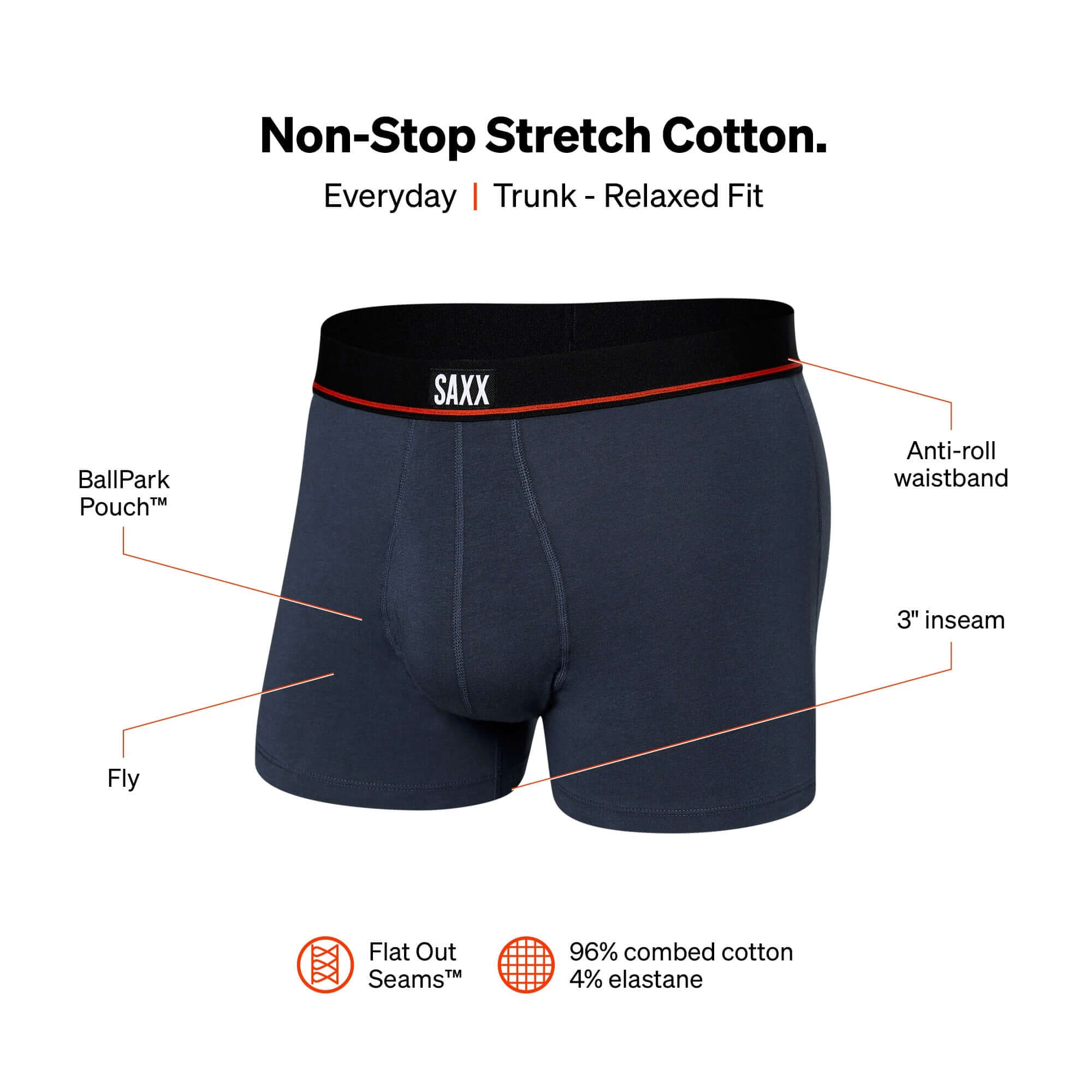 Saxx Underwear Non Stop Stretch Cotton 1 Pack Trunks - Deep Navy