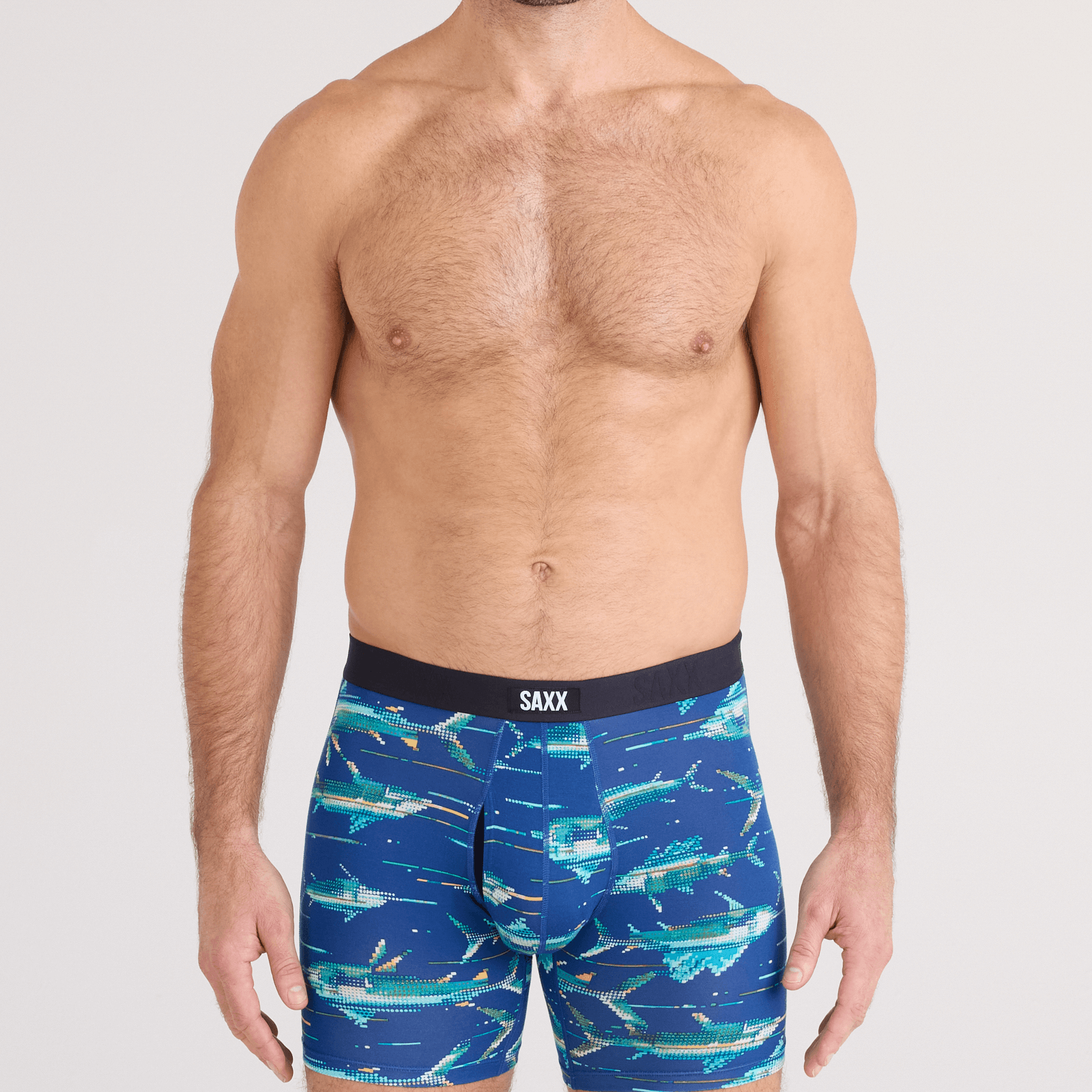 Saxx Underwear Vibe Xtra Soft Comfort Boxer Brief 6" - Digi Fish, Sapphire