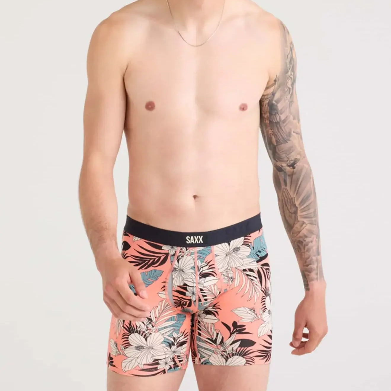 Saxx Underwear Vibe Xtra 1 Pack Soft Comfort Boxer Brief 6" - Hibiscus Jungle-Coral