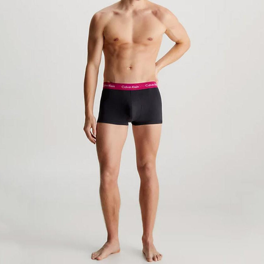 Calvin Klein 3 Pack Low Rise Trunks – Cotton Stretch – Black with Coloured Waistbands