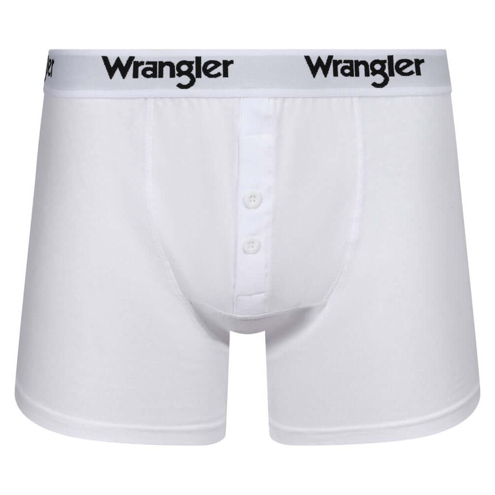Wrangler Tait Button Fly Men’s Boxer Trunks 3 Pack – White, Grey & Black Cotton Underwear