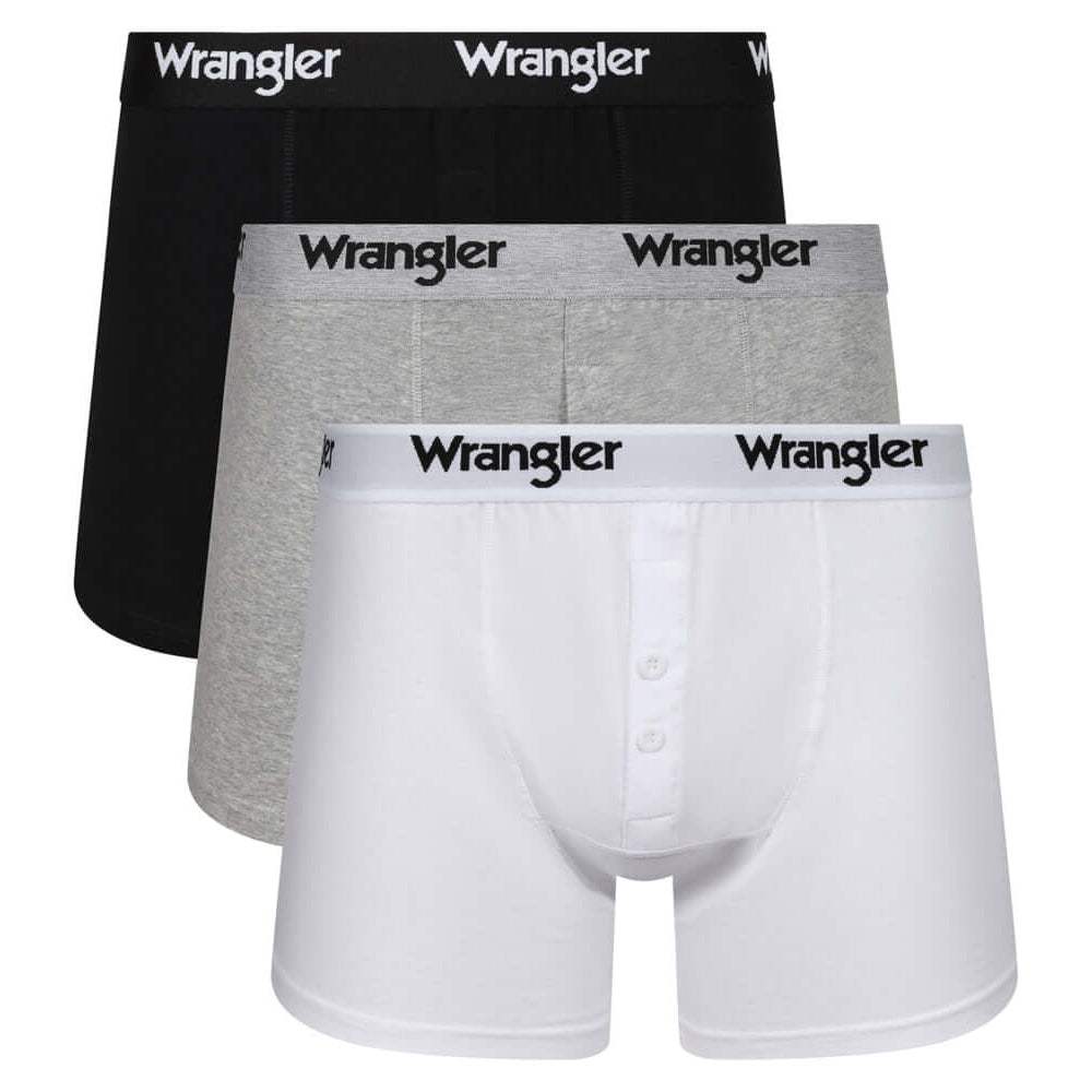 Wrangler Tait Button Fly Men’s Boxer Trunks 3 Pack – White, Grey & Black Cotton Underwear