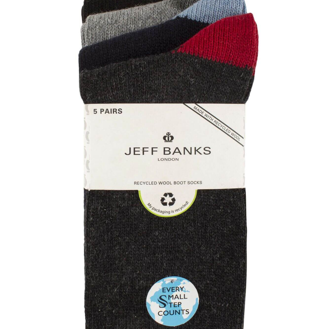 Mens 5 Pair Jeff Banks Recycled Wool Boot Socks – Black, Blue & Charcoal