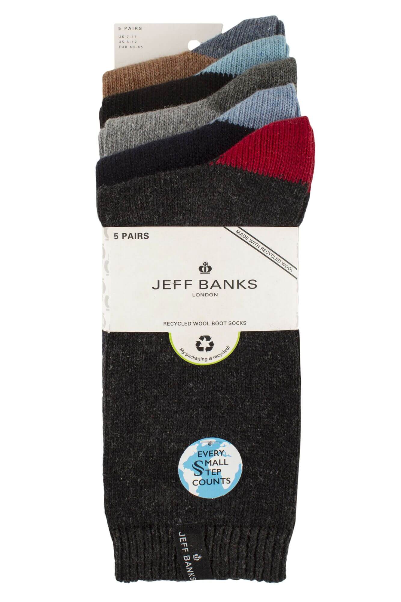 Mens 5 Pair Jeff Banks Recycled Wool Boot Socks – Black, Blue & Charcoal