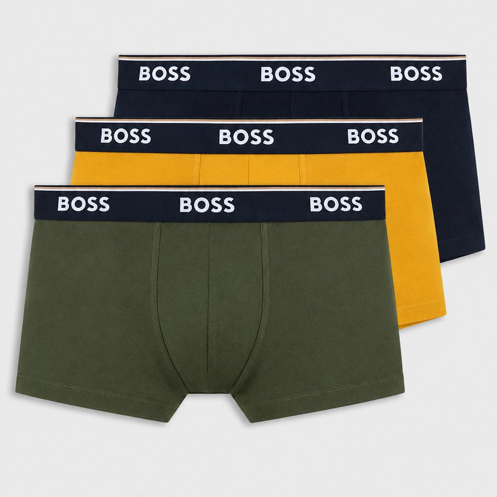 BOSS Power 3 Pack Stretch Cotton Trunks - Green / Yellow / Navy