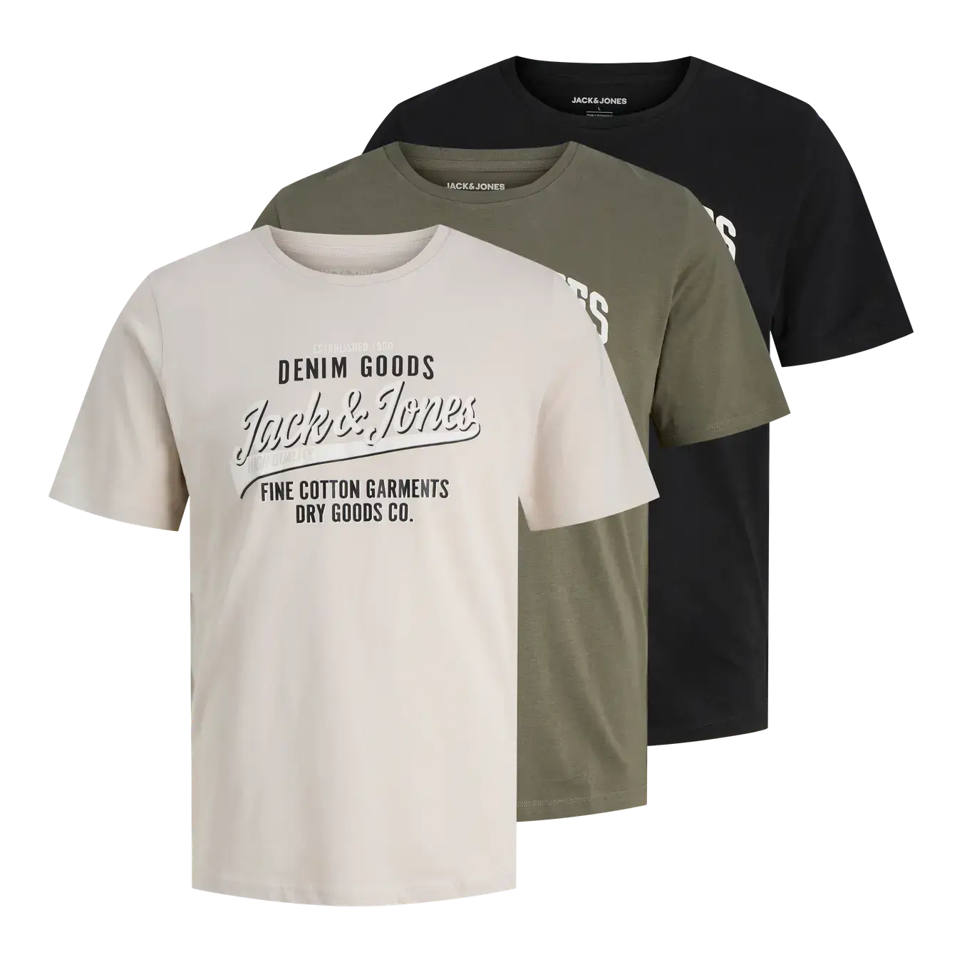 Jack & Jones 3 Pack JJETHAN Crew Neck T-Shirts - Olive, Black & Moonbeam