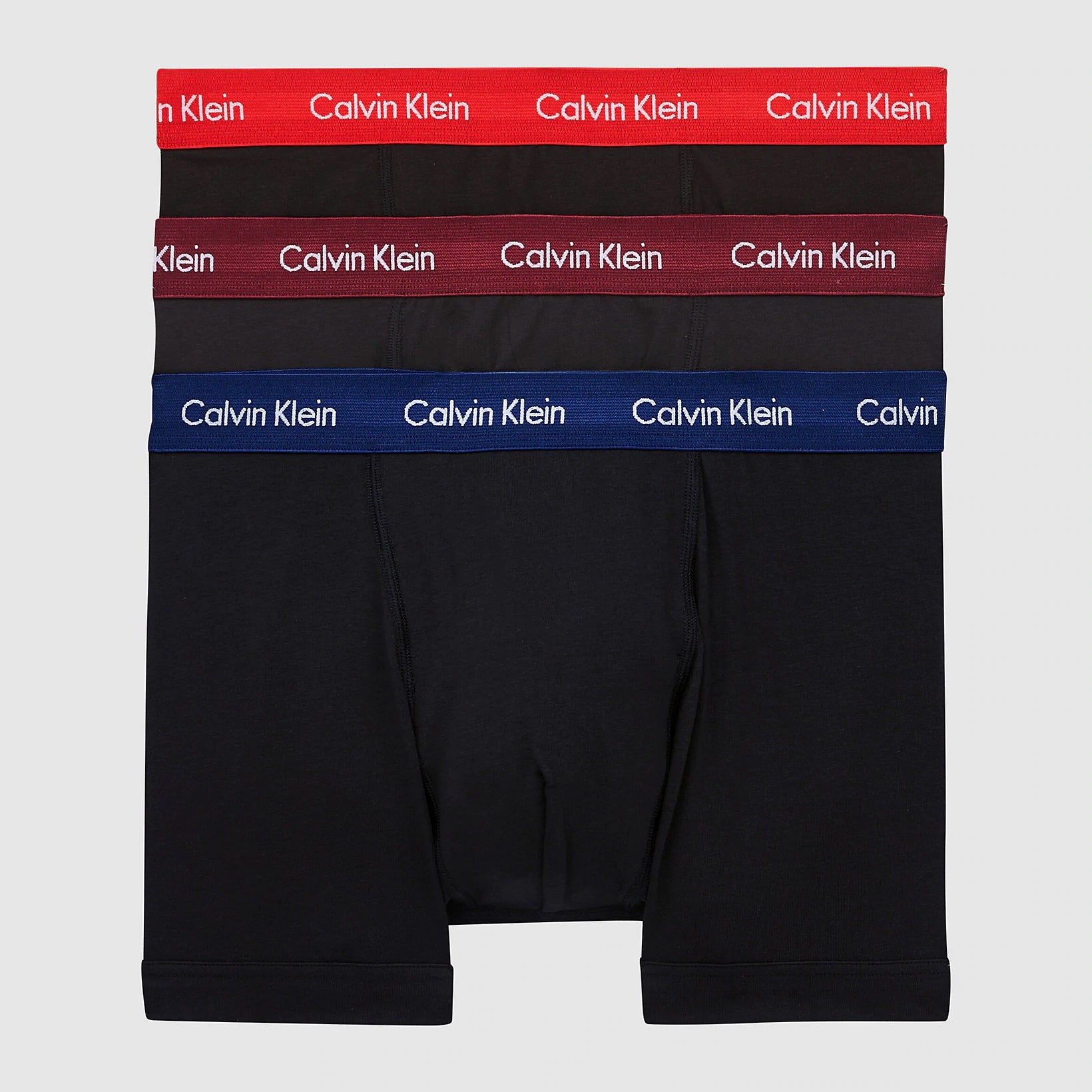 Calvin Klein 3 Pack Men's Trunks - Black with Navy / Lush Burgundy / Red Gala - Cotton Stretch