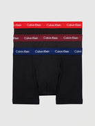 Calvin Klein 3 Pack Men's Trunks - Black with Navy / Lush Burgundy / Red Gala - Cotton Stretch