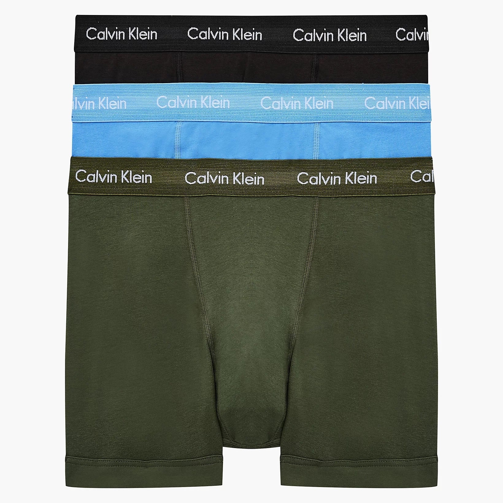 Calvin Klein 3 Pack Men’s Trunks - Cotton Stretch – Dusk Green/ Copenhagen Blue/ Black