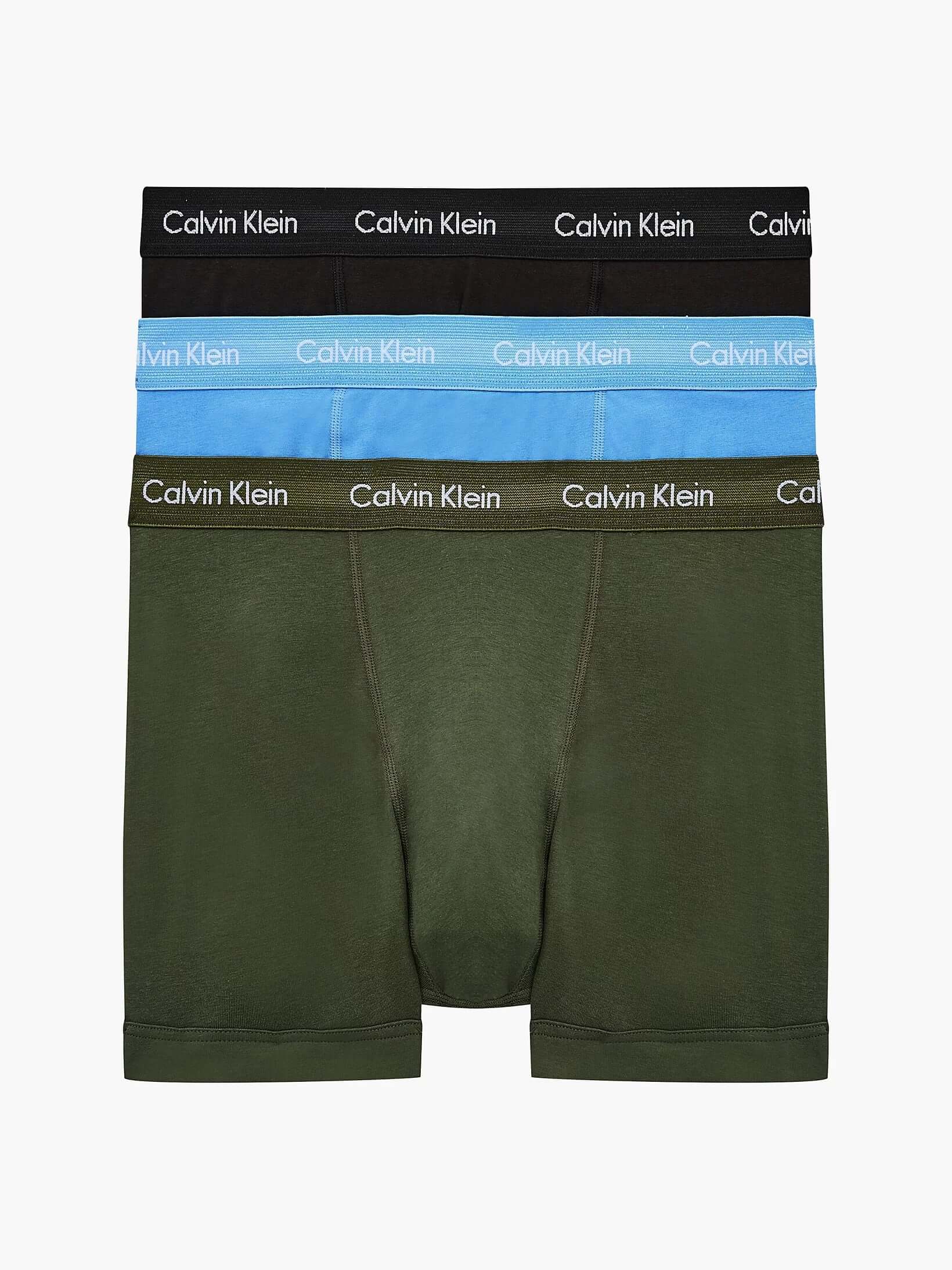 Calvin Klein 3 Pack Men’s Trunks - Cotton Stretch – Dusk Green/ Copenhagen Blue/ Black