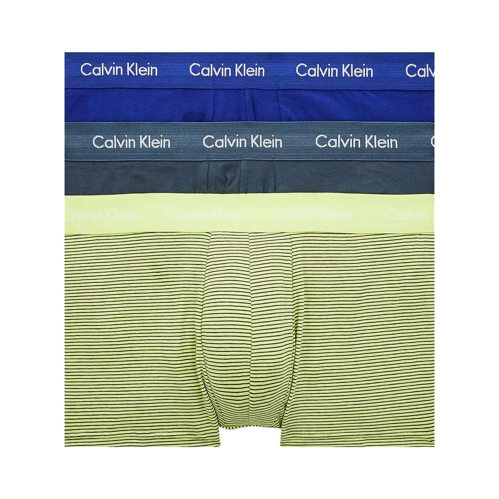 Calvin Klein 3 Pack Low Rise Trunks – Cotton Stretch ( Blue Flannel / Stripe / Hemisphere Blue )