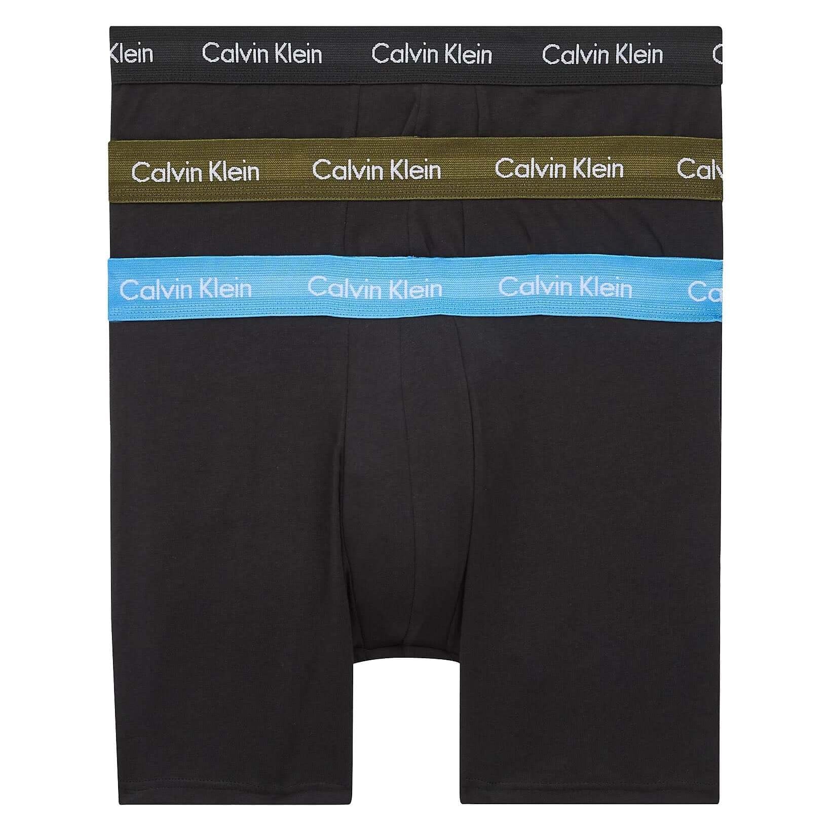 Calvin Klein 3 Pack Boxer Briefs Longer Leg - Cotton Stretch ( B- Dusk Green /Copenhagen Blue /Black)