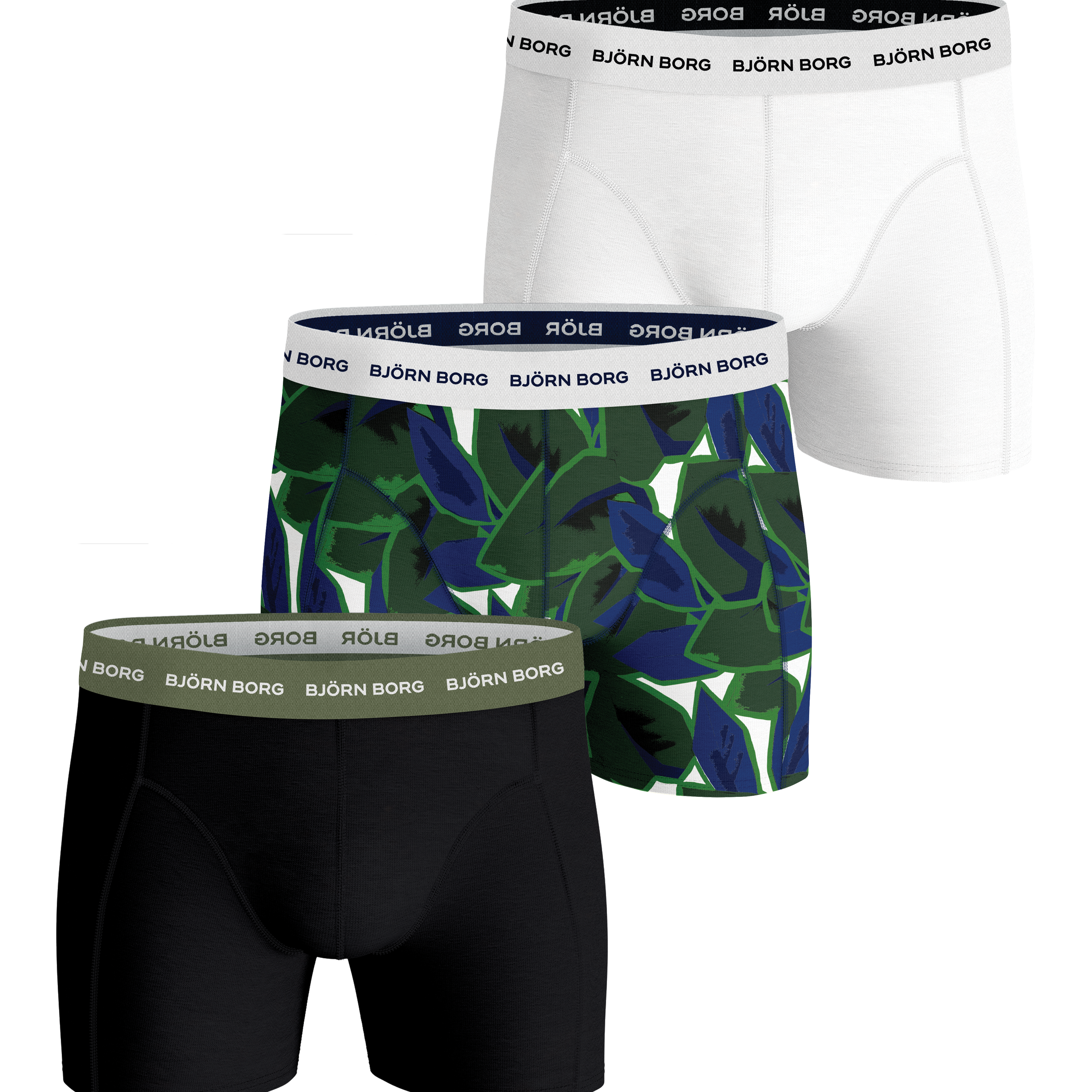 Björn Borg Essential Boxer 3 Pack- Black, White, Green Print - MP004