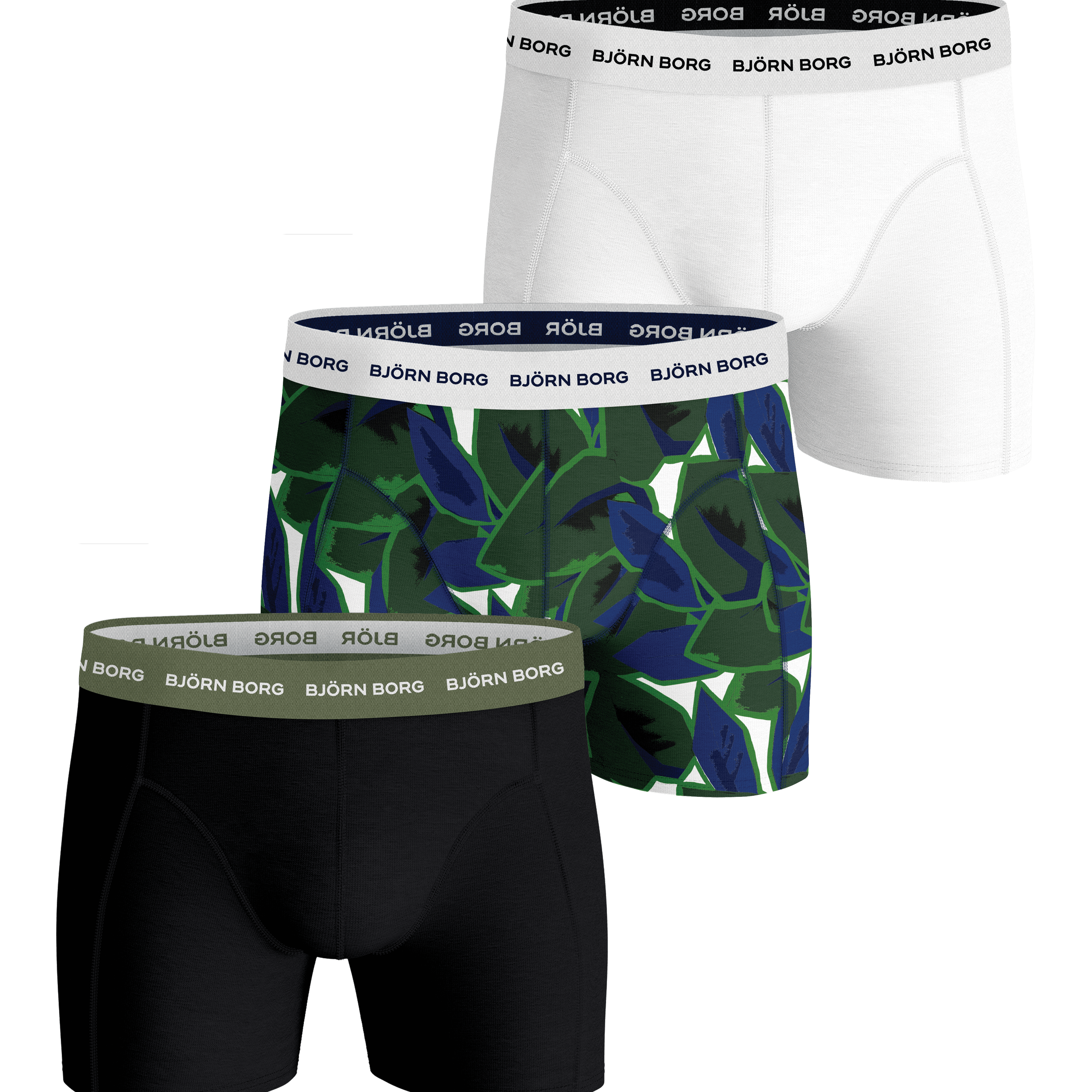 Björn Borg Essential Boxer 3 Pack- Black, White, Green Print - MP004
