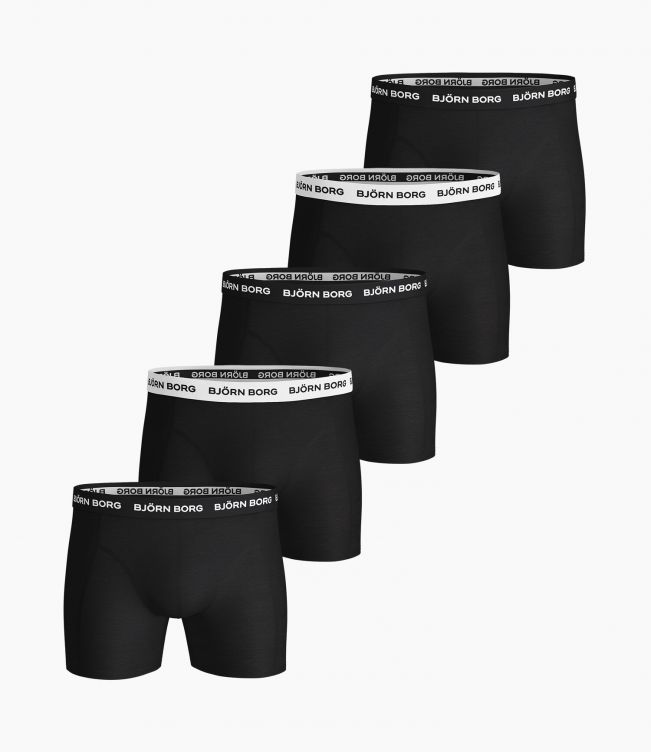 Bjorn Borg Solid Essential Boxer Shorts 5 Pack- Black with White waistband