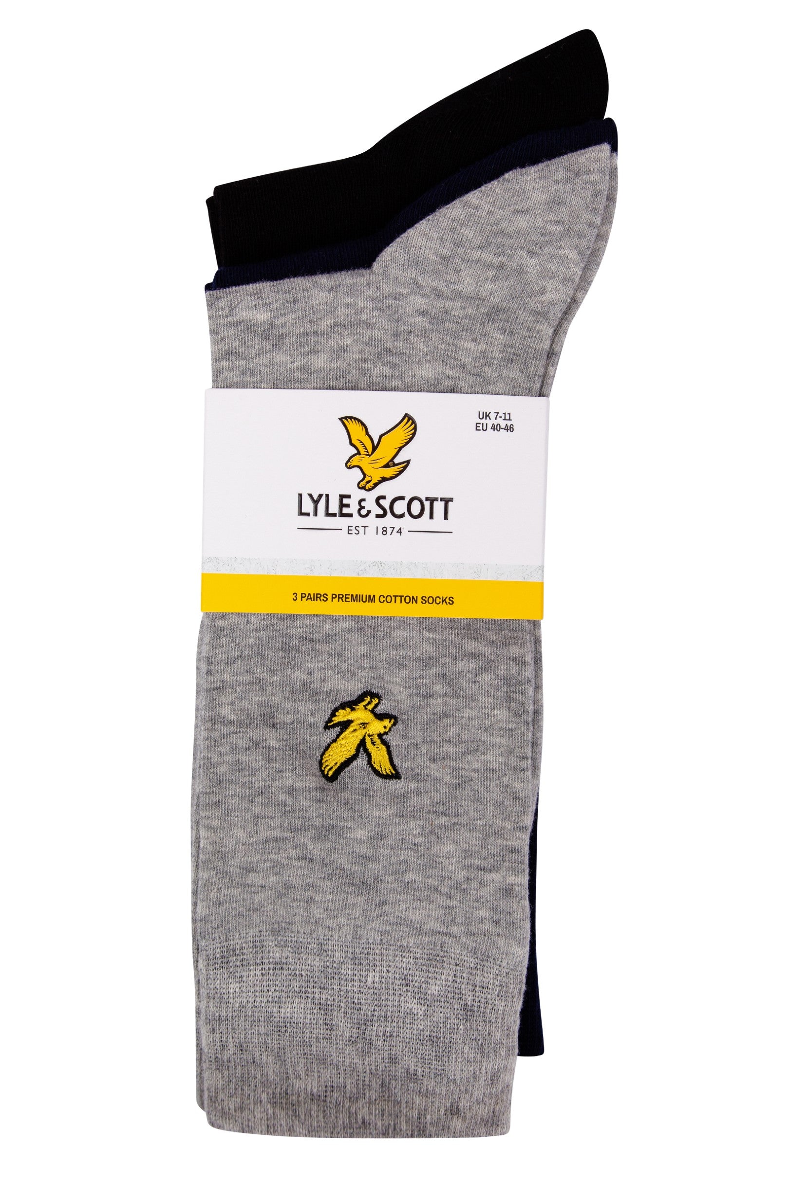 Lyle & Scott 3 Pack Angus Socks with Eagle Embroidery - Grey Marl, Peacoat, Black