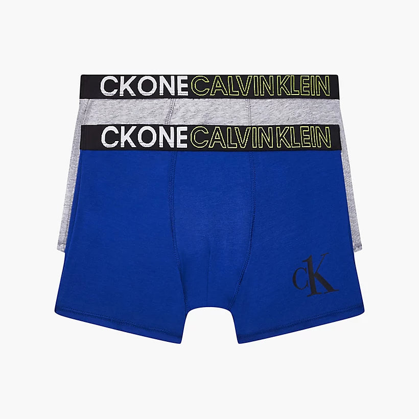 Calvin Klein 2 Pack Organic Cotton Boys Trunks – CK ONE ( Grey / Blue )