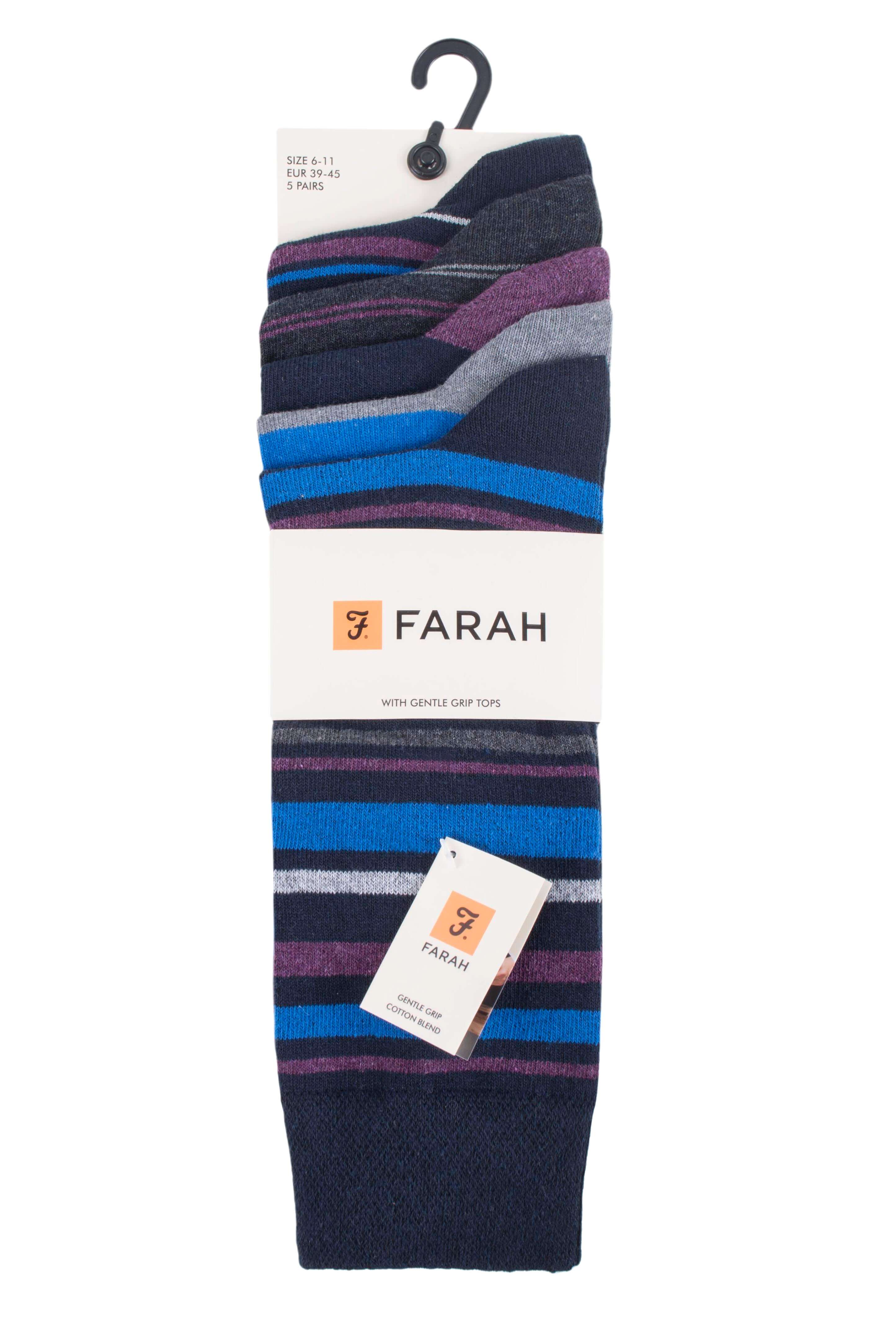 Farah Men’s 5 Pack Cotton Rich Striped Socks – Everyday Comfort (UK 6-11)