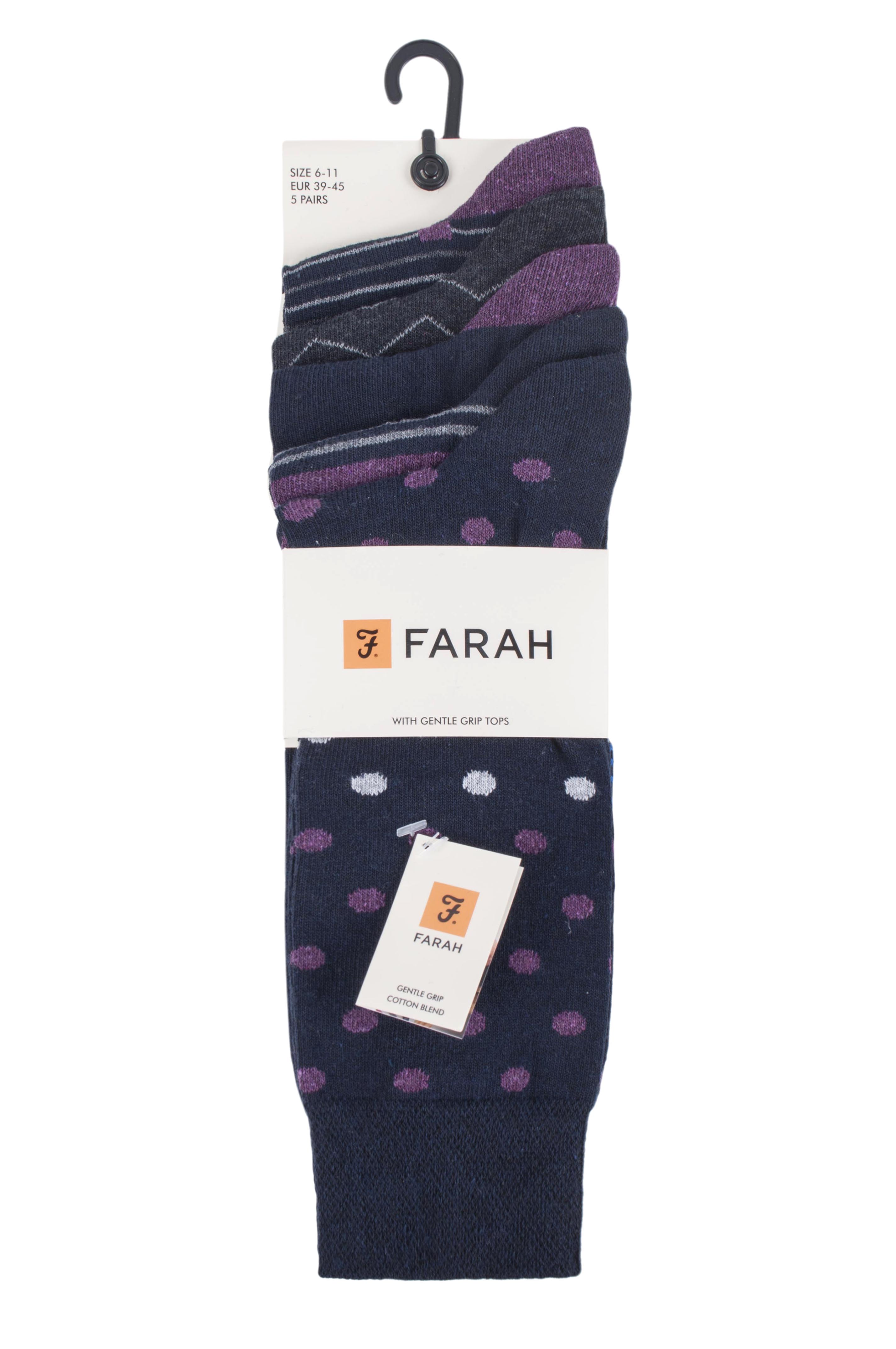Farah Men’s 5 Pack Cotton Rich Patterned Socks – Striped & Argyle Designs (UK 6-11)