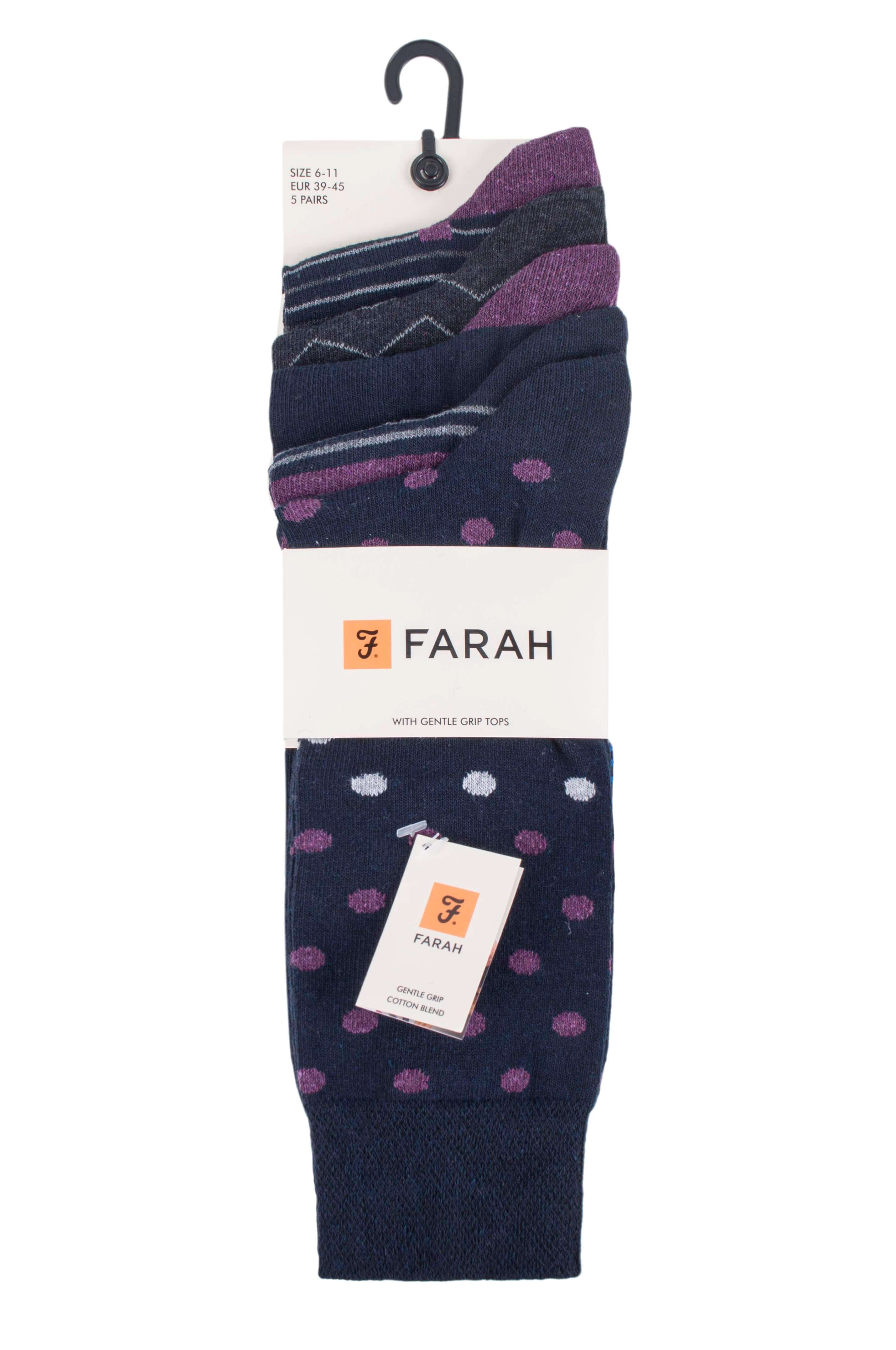 Farah Men’s 5 Pack Cotton Rich Patterned Socks – Striped & Argyle Designs (UK 6-11)