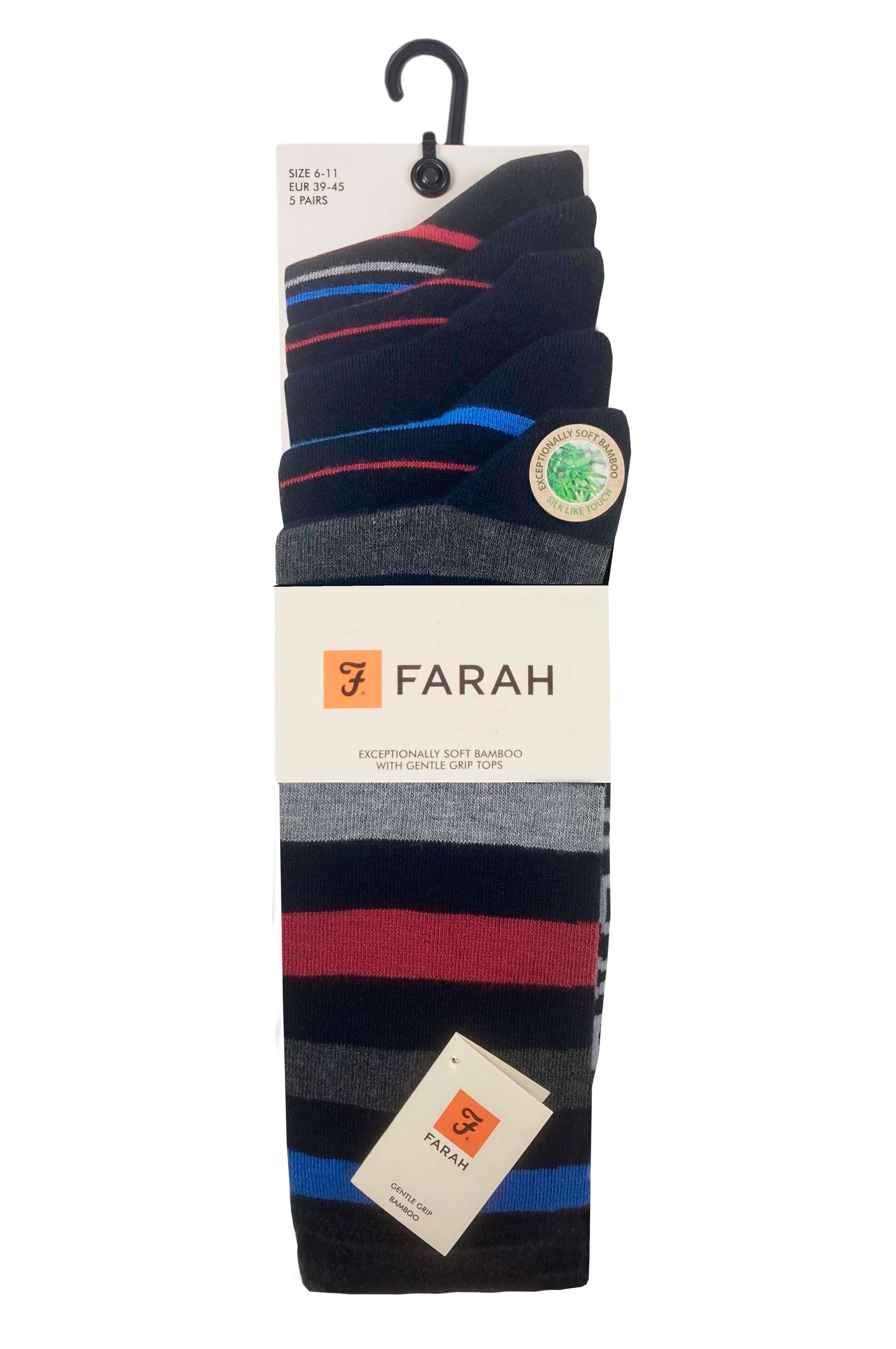 Farah Men’s 5 Pack Bamboo Stripe Socks – Soft, Breathable & Antibacterial (UK 6-11)