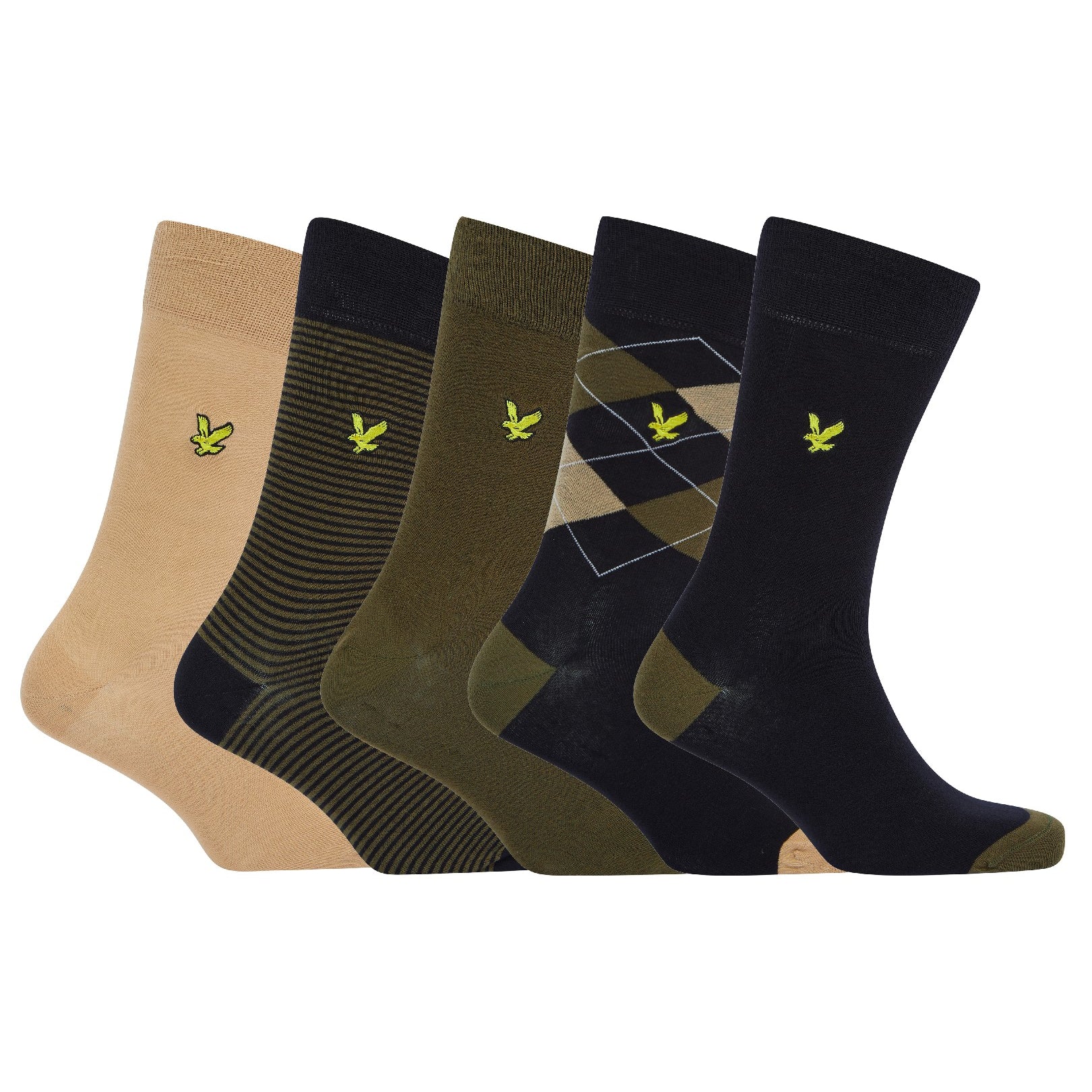Lyle & Scott 5 Pack Mix Design Socks - Dark Olive-Argyle-Incense-Stripe-Black