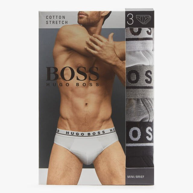 BOSS Men's - 3 Pack Stretch Cotton Briefs - Black/White/Grey