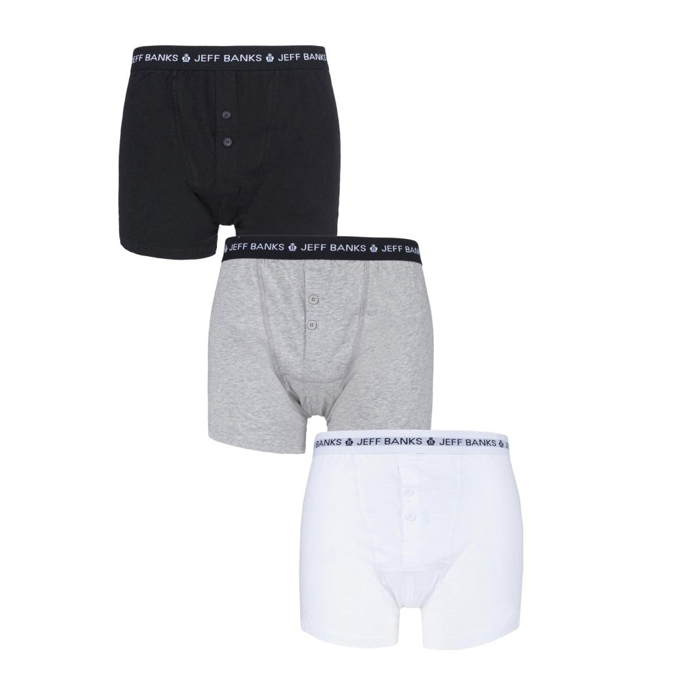 Jeff Banks 3 Pack Men’s Marlow Button Boxer Shorts – Black, Grey & White