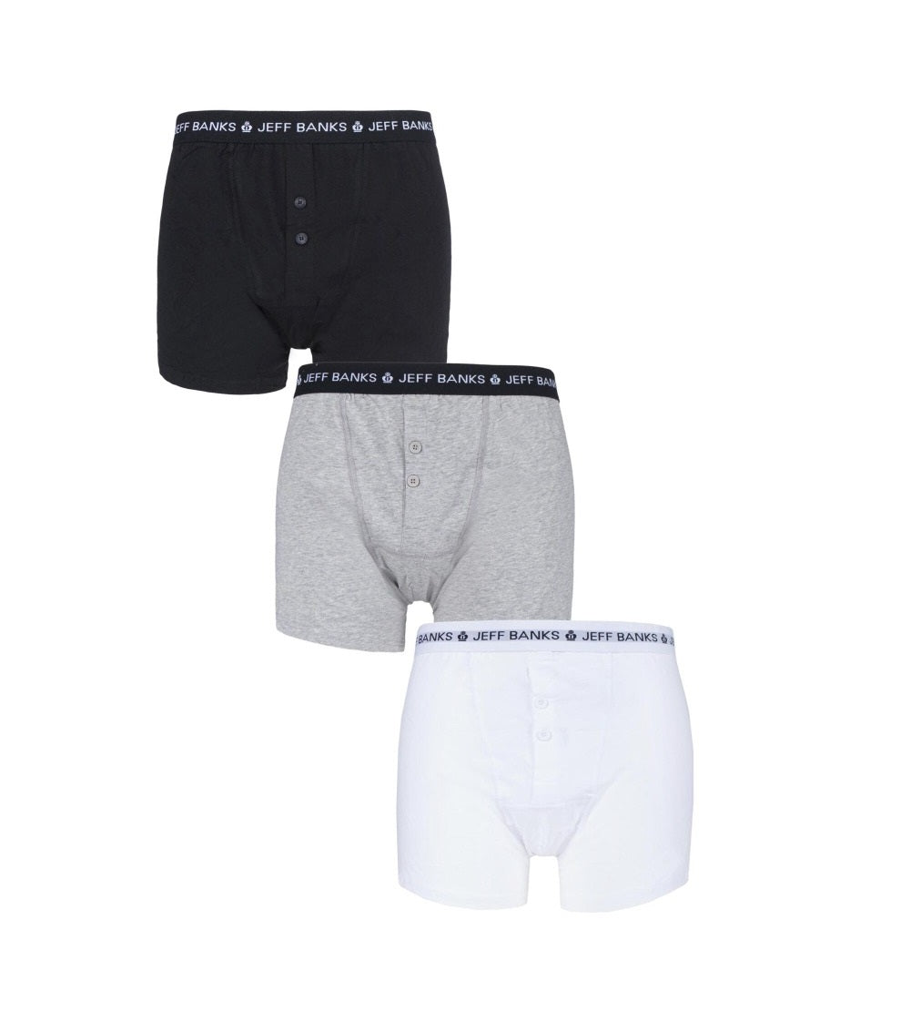 Jeff Banks 3 Pack Men’s Marlow Button Boxer Shorts – Black, Grey & White