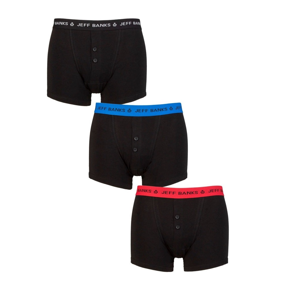 Jeff Banks 3 Pack Men’s Marlow Button Boxer Shorts – Black with Contrast Waistbands
