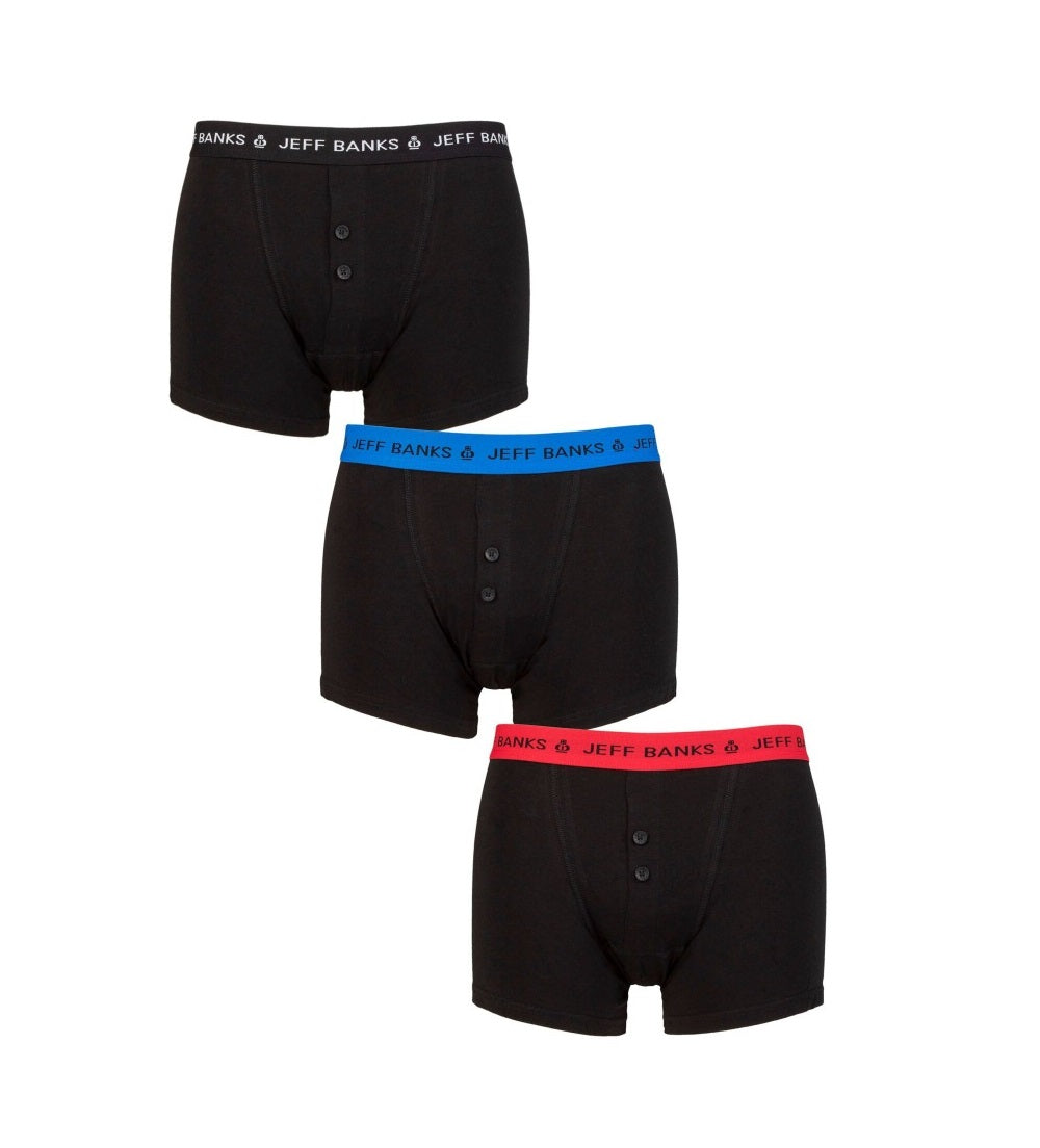 Jeff Banks 3 Pack Men’s Marlow Button Boxer Shorts – Black with Contrast Waistbands