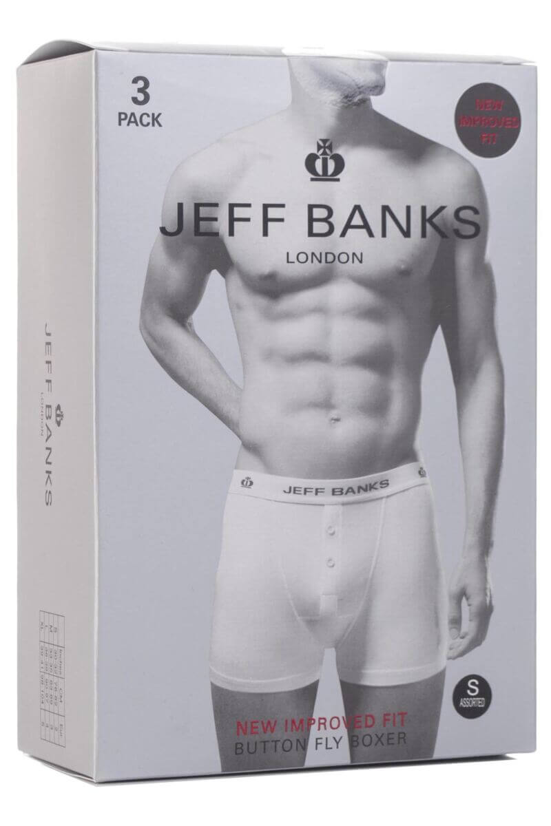 Jeff Banks 3 Pack Men’s Marlow Button Boxer Shorts – Black with Contrast Waistbands