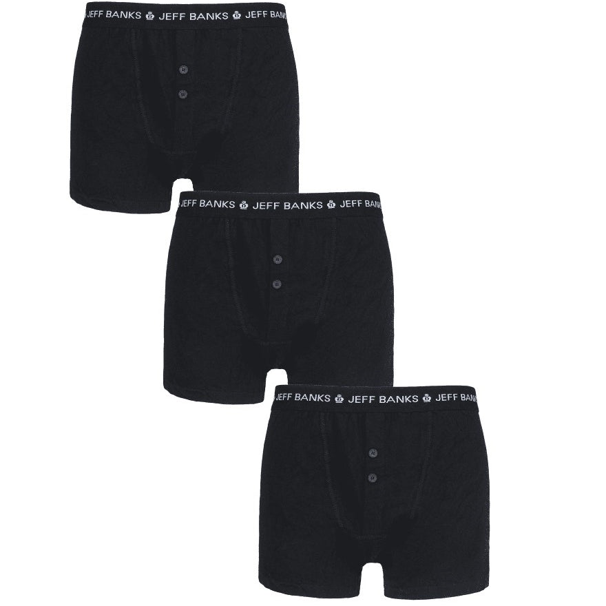 Jeff Banks 3 Pack Men's Marlow Button Boxer Shorts- All Black