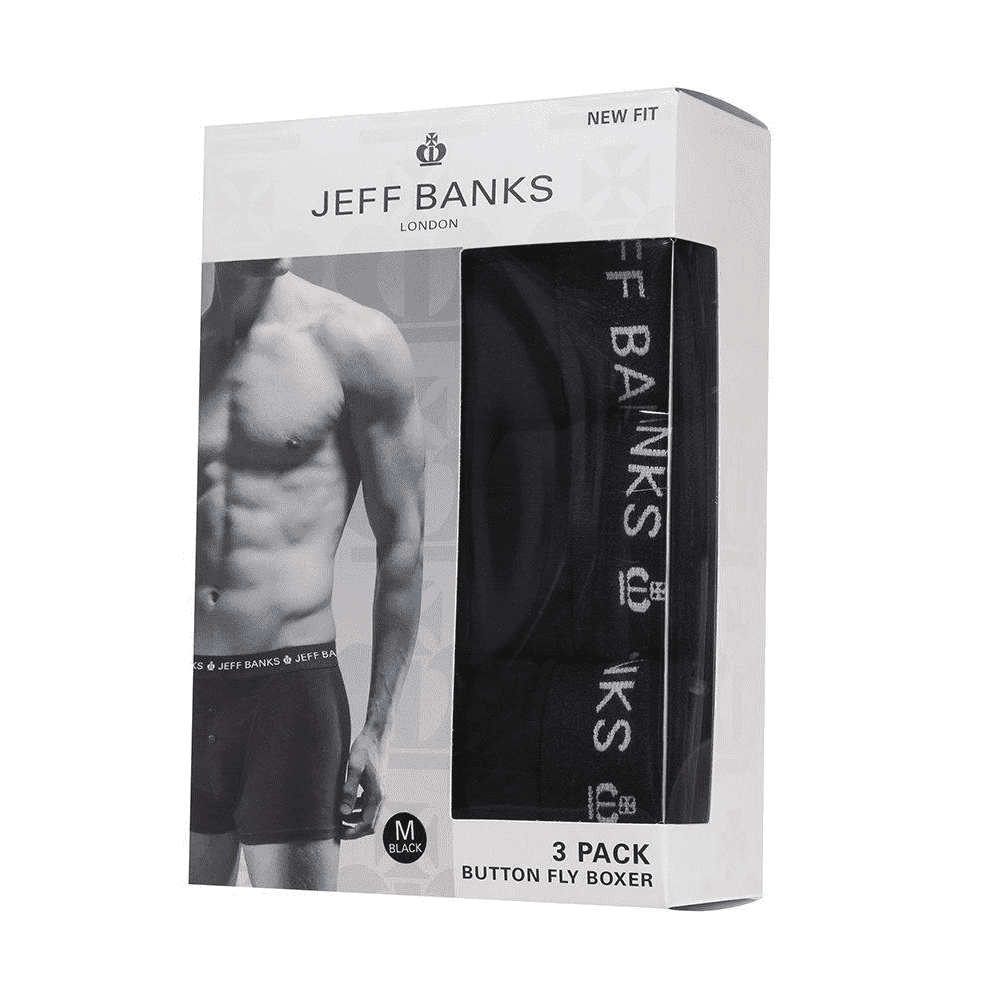 Jeff Banks 3 Pack Men's Marlow Button Boxer Shorts- All Black