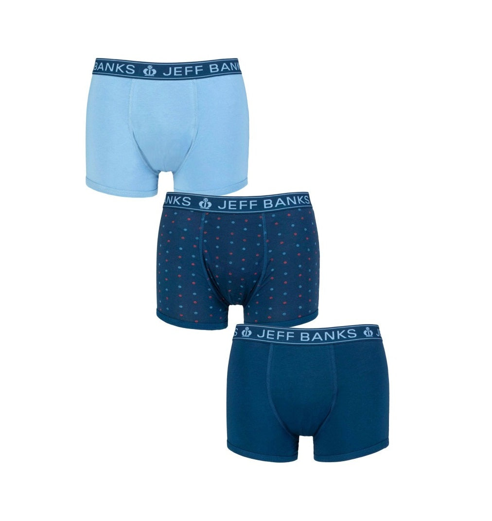 Jeff Banks Men's 3 Pack Plain And Patterned Cotton Trunks Blues (Y90