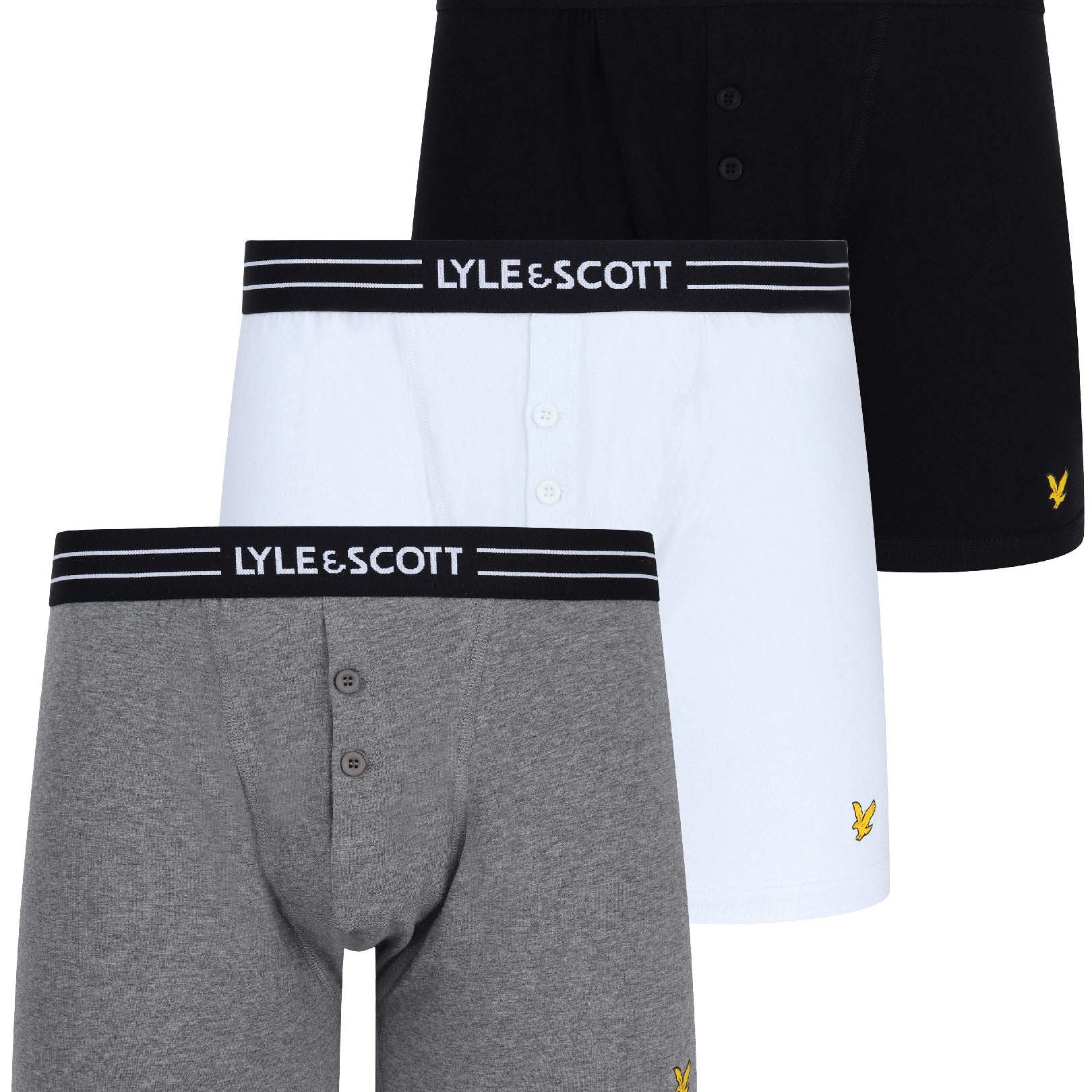 Lyle & Scott 3 Pack Lewis Men's Button Fly Boxers - Black / Bright White / Grey Marl