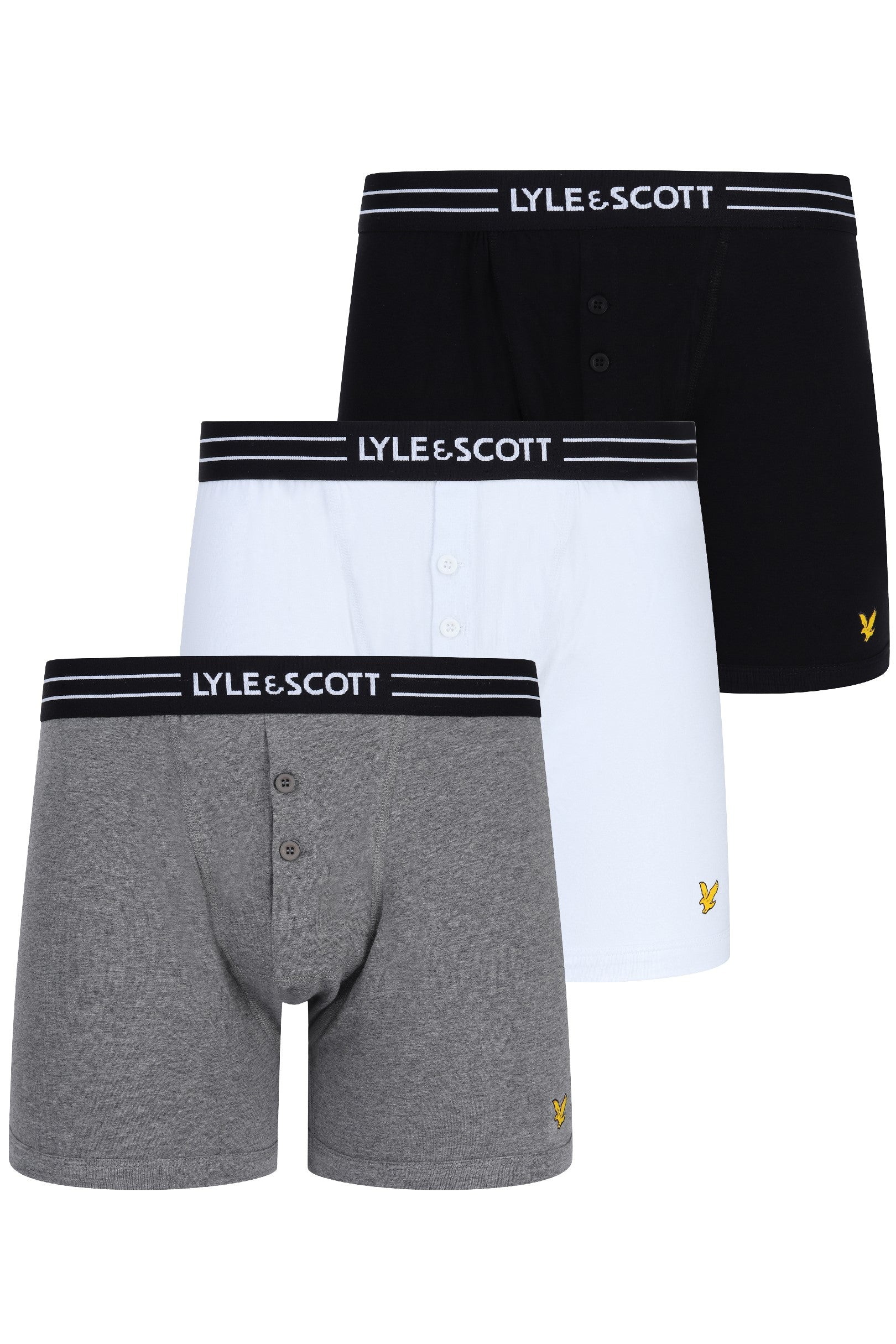 Lyle & Scott 3 Pack Lewis Men's Button Fly Boxers - Black / Bright White / Grey Marl