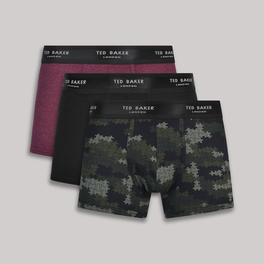 Ted Baker 3 Pack Cotton Stretch Fashion Trunks - Royal, Black, Jigsaw Camo