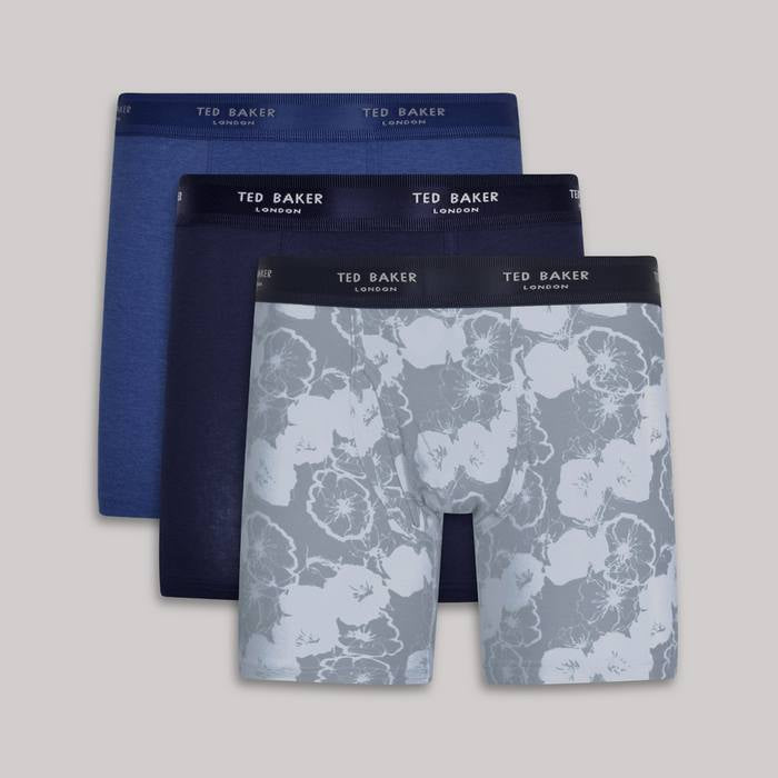 Ted Baker 3 Pack Cotton Stretch Boxer Briefs - Blue / Cobalt / Floral Grey
