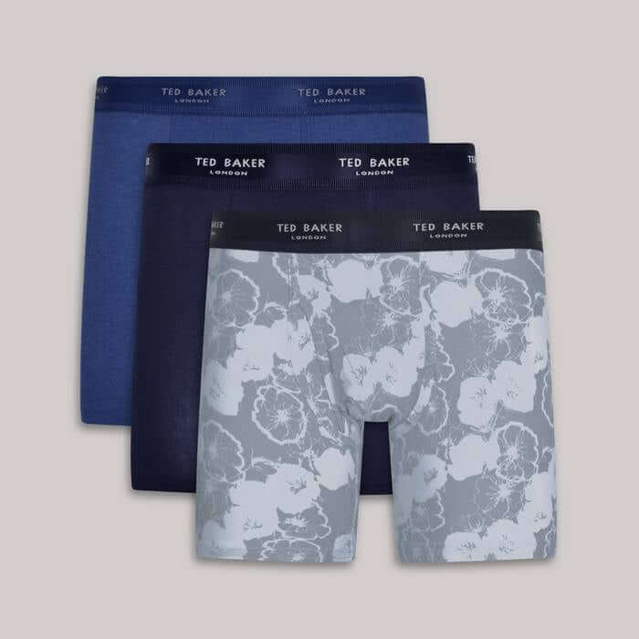Ted Baker 3 Pack Cotton Stretch Boxer Briefs - Blue / Cobalt / Floral Grey