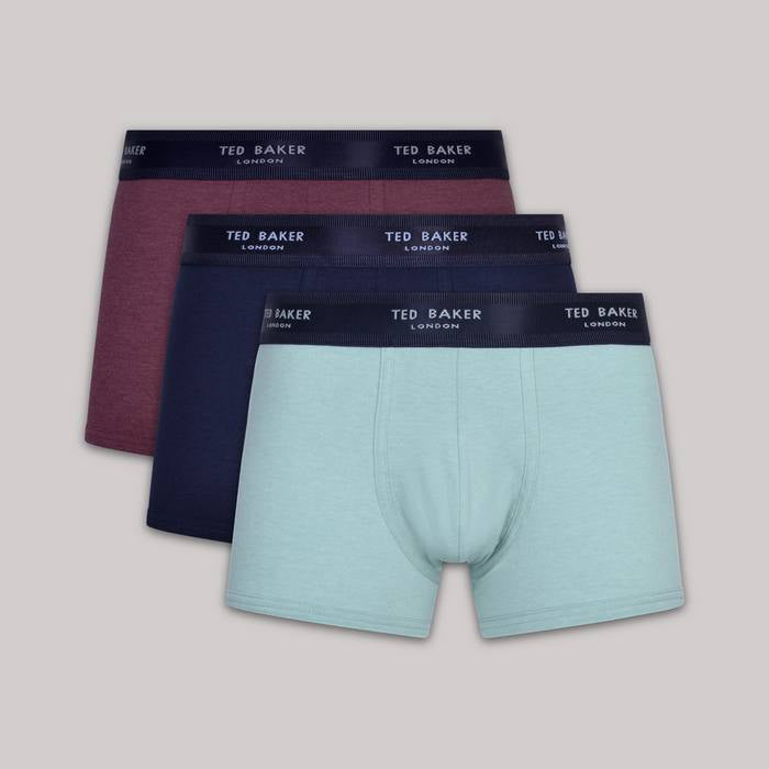 Ted Baker 3 Pack Fashion Cotton Stretch Solid Trunks - Burgundy / Blue / Teal
