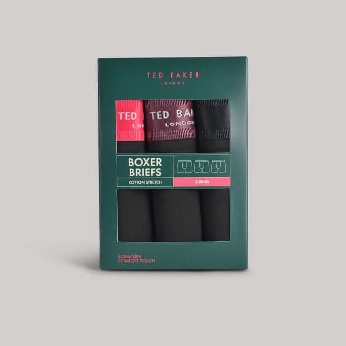 Ted Baker 3 Pack Cotton Stretch Boxer Briefs - Black With Color Waistband
